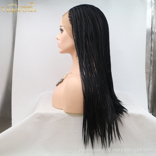 Long straight black cheap wholesale high quality heat resistant synthetic braided wig with lace front